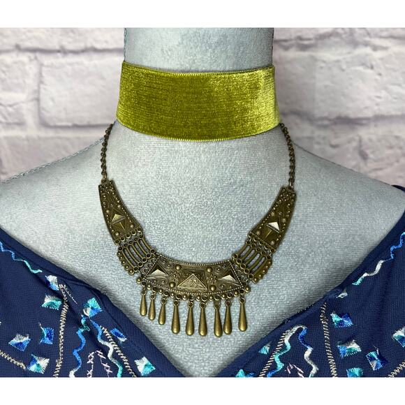 Handmade Jewelry - Handmade Upcycled Chartreuse Green Choker with Tribal Style Chain & Drop Beads